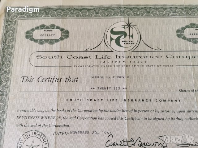 Сертификат за притежание на 26 акции (САЩ) | South Coast Life Insurance | 1963г., снимка 2 - Други ценни предмети - 34876308