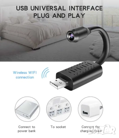 Скрита Wi-Fi камера с USB накрайник, видеонаблюдение, шпионска камера, снимка 5 - IP камери - 52208675