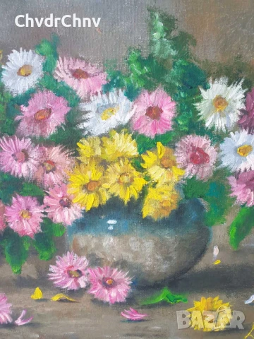 Деница Гарелова 40x30см/малка българска картина масло върху платно/натюрморт-цветя/ваза-хризантеми, снимка 3 - Картини - 51160180