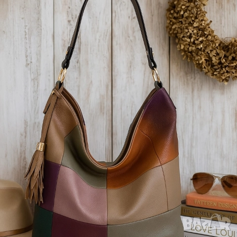 Универсална многоцветна дамска чанта хобо с пискюл, снимка 5 - Чанти - 51865301