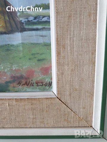 45х40см/малка картина масло върху платно/селски пейзаж/поляна-къща-кокошки/дървена рамка, снимка 4 - Картини - 50852847