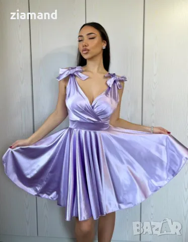 Сатенена рокля с панделки лилава, снимка 3 - Рокли - 49078733