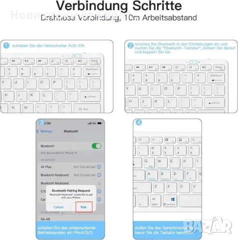 Bluetooth клавиатура немска,безжична ултратънка,съвместима с iOS/Android/Windows системи, снимка 5 - Клавиатури и мишки - 50335855