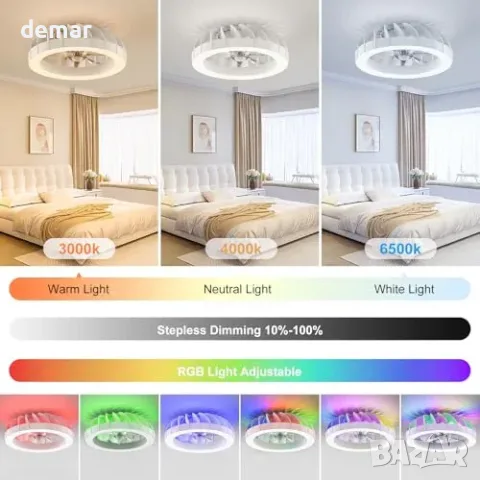Таванен вентилатор Ateroll 46 cm с RGB LED осветление и дистанционно, снимка 2 - Вентилатори - 55776019