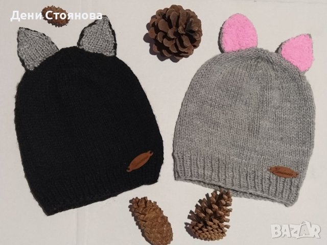 Безшевно ръчно плетена детска шапка с ушички , снимка 3 - Шапки, шалове и ръкавици - 42230111