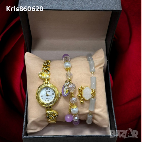 Елегантен дамски комплект аксесоари - часовник с камъни цирконии и 2 броя гривни с естествени камъни, снимка 1