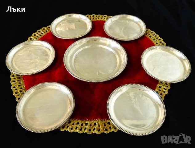 Посребрени чинии,релеф,печат,комплект от 7 броя. 