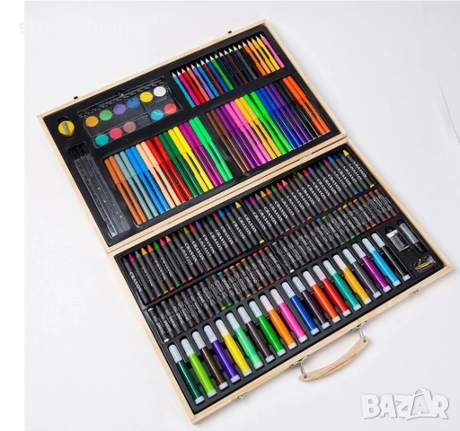 Комплект за рисуване и оцветяване за деца, 180 части, дървена кутия, 12 вида прибори, Ярки цветове, снимка 3 - Рисуване и оцветяване - 53900676