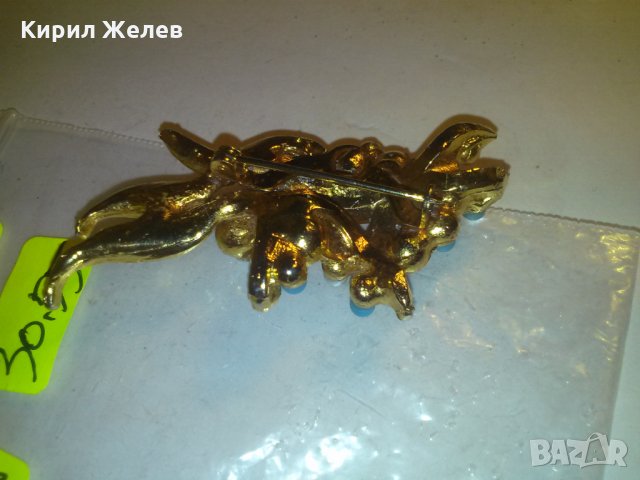 ОЛОВНА ПОЗЛАТЕНА ПЕРЛЕНА БРОШКА с ТЮРКОАЗ СТАРИННА 11124, снимка 4 - Антикварни и старинни предмети - 29835873