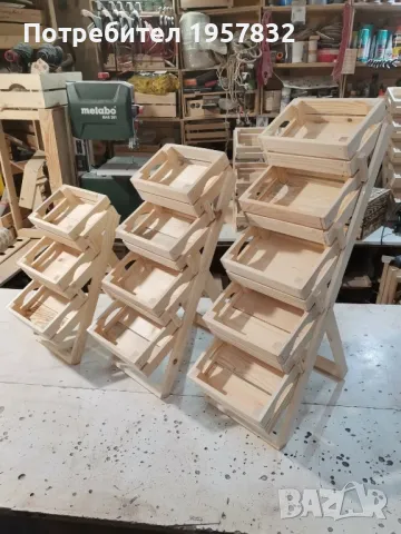 Мини стъпаловиден дървен стелаж с мини щайги, снимка 3 - Оборудване за магазин - 48985088