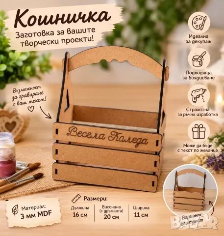 🎨 Кошничка – заготовка за декупаж и творчески проекти
