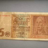 Банкнота - Трети райх - Германия - 5 марки | 1942г., снимка 1 - Нумизматика и бонистика - 44337480
