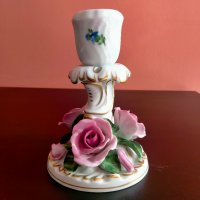 Herend Hungary Three Roses Candle Holder Hand Painted Florals Gold Candlestick Свещница , снимка 12 - Колекции - 40384185