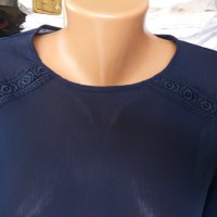 ТЪМНОСИНЯ шифонена риза/блуза с дантела по раменете и по ръкавите , снимка 2 - Ризи - 38810241