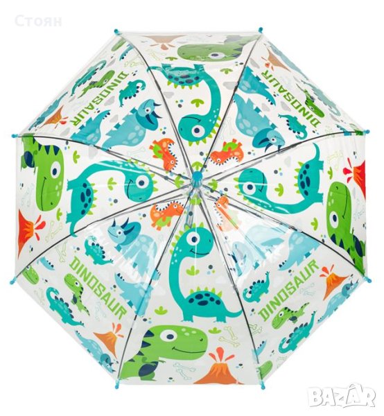 Чадър тип бастун за дъжд Автоматичен детски прозрачен прозрачен динозаври 65см, снимка 1