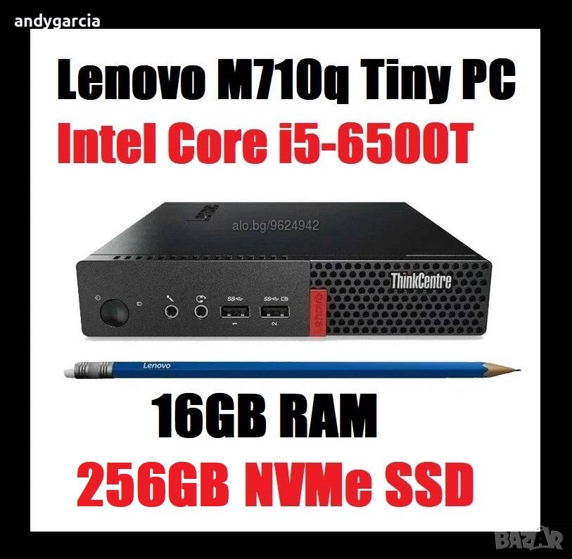 Lenovo M710q Tiny/Intel Core i5-6500T/16GB RAM/256GB NVMe/Windows 10 Home малък настолен компютър, снимка 1