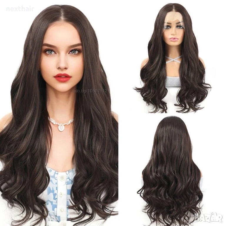 13×4 дантелена перука - 75 см едри вълни, тъмно кафява, премиум синтетика, снимка 1