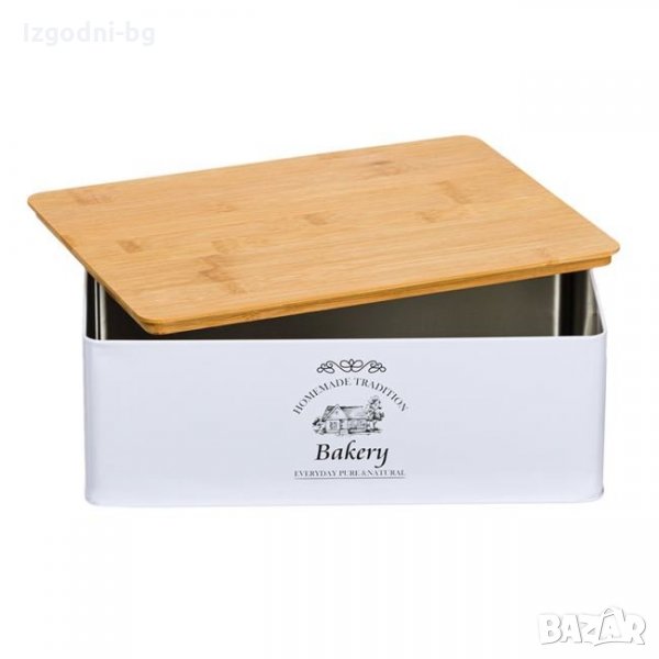Метална бяла кутия за съхранение с бамбуков капак, снимка 1