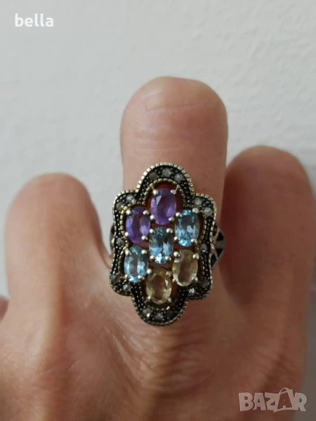 УНИКАТ-ЗЛАТЕН ПРЪСТЕН С ДИАМАНТИ ,АКВАМАРИН ЦИТРИН И АМЕТИСТ, снимка 1