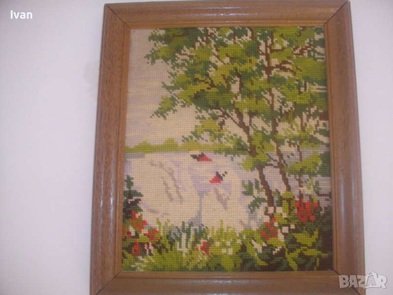 Нов DMC Гоблен-Лебеди-Рамкиран-365х310мм-Ръчно Нашиван-Отличен, снимка 1