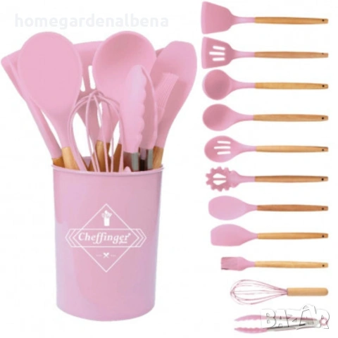 Комплект кухненски прибори Cheffinger 12 части силикон дървени дръжки термоустойчиви , снимка 8 - Прибори за хранене, готвене и сервиране - 54165838