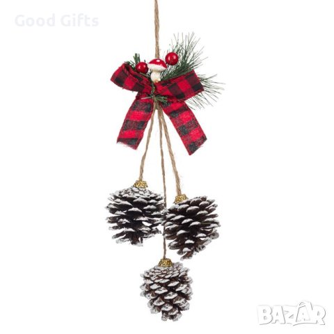 Коледна висулка за декорация с шишарки и панделка, 35см