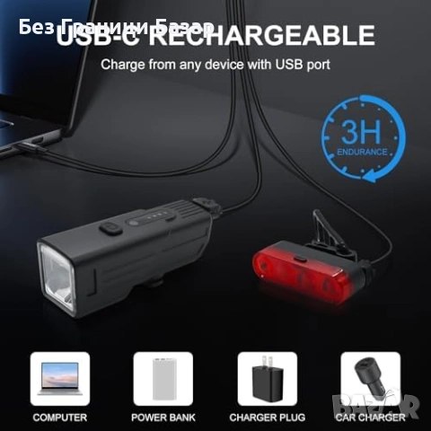 Нов фар Велосипедни LED светлини предна задна 230° 2200mAh USB заряд, снимка 5 - Аксесоари за велосипеди - 53970337