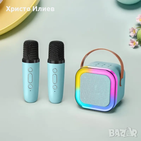 Караоке колона с 2 безжични микрофона Преносима Bluetooth Високоговорител с LED светлина 6 цвята, снимка 13 - Друга електроника - 47573285