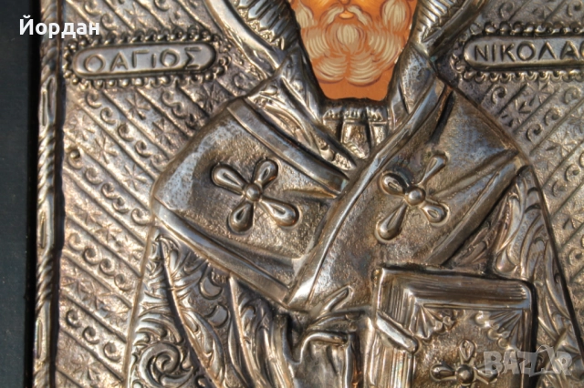 Гръцка икона ръчно рисувана със сребърен обков, снимка 6 - Антикварни и старинни предмети - 52335403