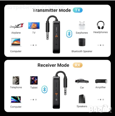 UGREEN Bluetooth 5.2 предавател-приемник 2-в-1 безжичен 3.5 мм Aux 28 часа живот на батерията, снимка 8 - Bluetooth слушалки - 50282184