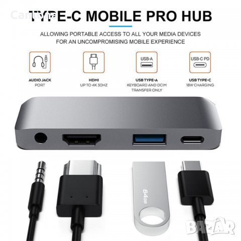 USB C хъб HDMI, 4 в 1, 4K HDMI, USB 3.0, USB C PD 3.0 60 W, 3,5 мм аудио жак, снимка 2 - Други - 40243540