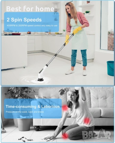 Електрическа почистваща четка Leebein с въртяща се дръжка, безжична четка за почистване , снимка 2 - Други стоки за дома - 54192227