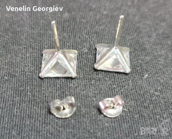 Сребърни обици с квадратни циркони, 10мм/10мм. Проба 925, снимка 8 - Обеци - 49832218