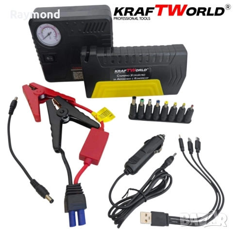 KraftWorld KW-2679 – Джъмп стартер за кола с компресор, фенер и аварийни инструменти 12V, 600A, USB, снимка 11 - Компресори - 51793365