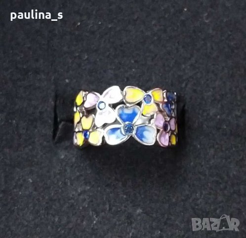 Пръстен с ръчно рисуван емайл и кристали - s925 за кутрето