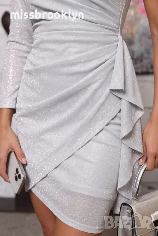 Рокля “Silver Glitter One‑Shoulder” – сребърна брокатена рокля арт.1864, снимка 2 - Рокли - 55821288