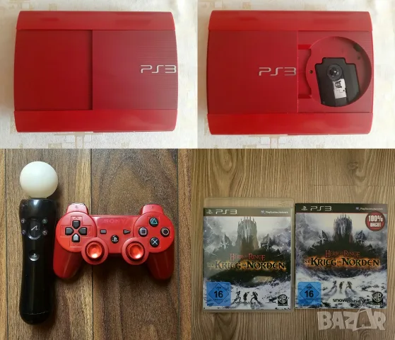 Червен PlayStation 3 Super Slim 500 GB + Move controller и игра Lord of the Rings War in the North
