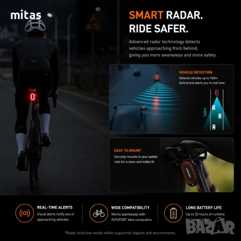 Задна SMART LED стоп светлина с радар IGPSPORT SR Mini, Bluetooth/ANT+, IPX7, снимка 9 - Аксесоари за велосипеди - 54167593