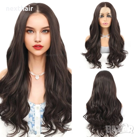 13×4 дантелена перука - 75 см едри вълни, тъмно кафява, премиум синтетика