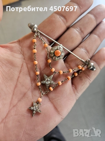 Антична сребърна брошка с диамантена паста и корал, викториански, снимка 12 - Други - 53885627