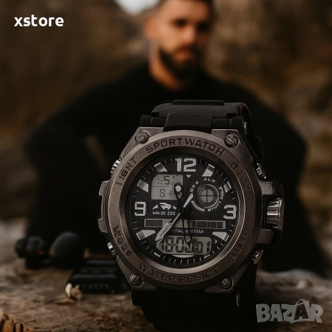Спортен аналогово-дигитален мъжки часовник с подсветка, аларма и водоустойчив корпус, снимка 3 - Мъжки - 52606014