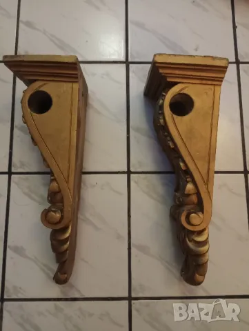 Комплект два позлатени,резбовани корбела,скоби за стенен рафт, за корниз за перде. , снимка 4 - Други - 49752728