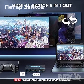 4K @60Hz 5x1 HDMI селекторен превключвател 5 порта HDR IR дистанционно, снимка 5 - Друга електроника - 42656391