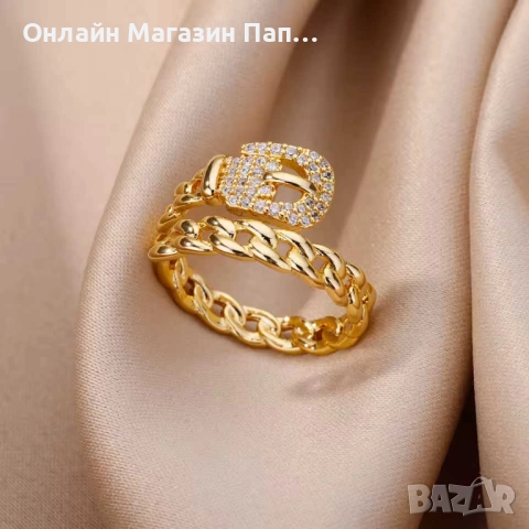 Дамски пръстен от неръждаема стомана, позлатен – регулируем модел „колан-верига“ с циркони, снимка 2 - Пръстени - 52302391