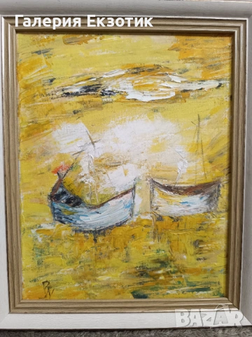 Маслена картина "Абстрактни лодки" с авторско стихче към нея, снимка 2 - Картини - 54152535