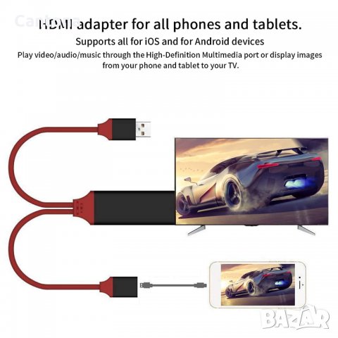 HDMI кабел за телефон към телевизор, iPhone iPad Android, Цифров AV адаптер 1080P, снимка 8 - Аксесоари за Apple - 39729945