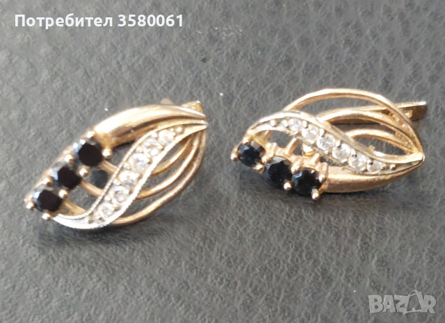 Украински златни обеци с черен топаз и куб.циркон 