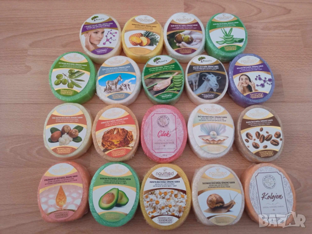 Ароматен ръчноправен турски овален сапун 135 гр. с гъба за баня различни видове