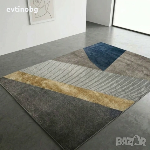 Луксозен Килим за Хол 120х160см – Сиво със Златна лента и 3D ефект, Противоплъзгащ и Миещ се, снимка 3 - Други - 53882619