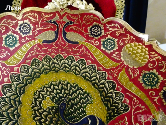 Повдигната бронзова фруктиера,паун,цветен клетъчен емайл. , снимка 5 - Антикварни и старинни предмети - 52417388